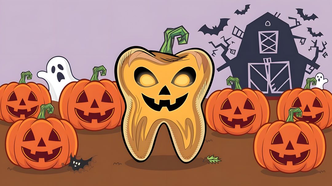 a cartoon tooth surrounded by pumpkins and bats Dental Halloween Desktop Happy Halloween, Halloween, peru