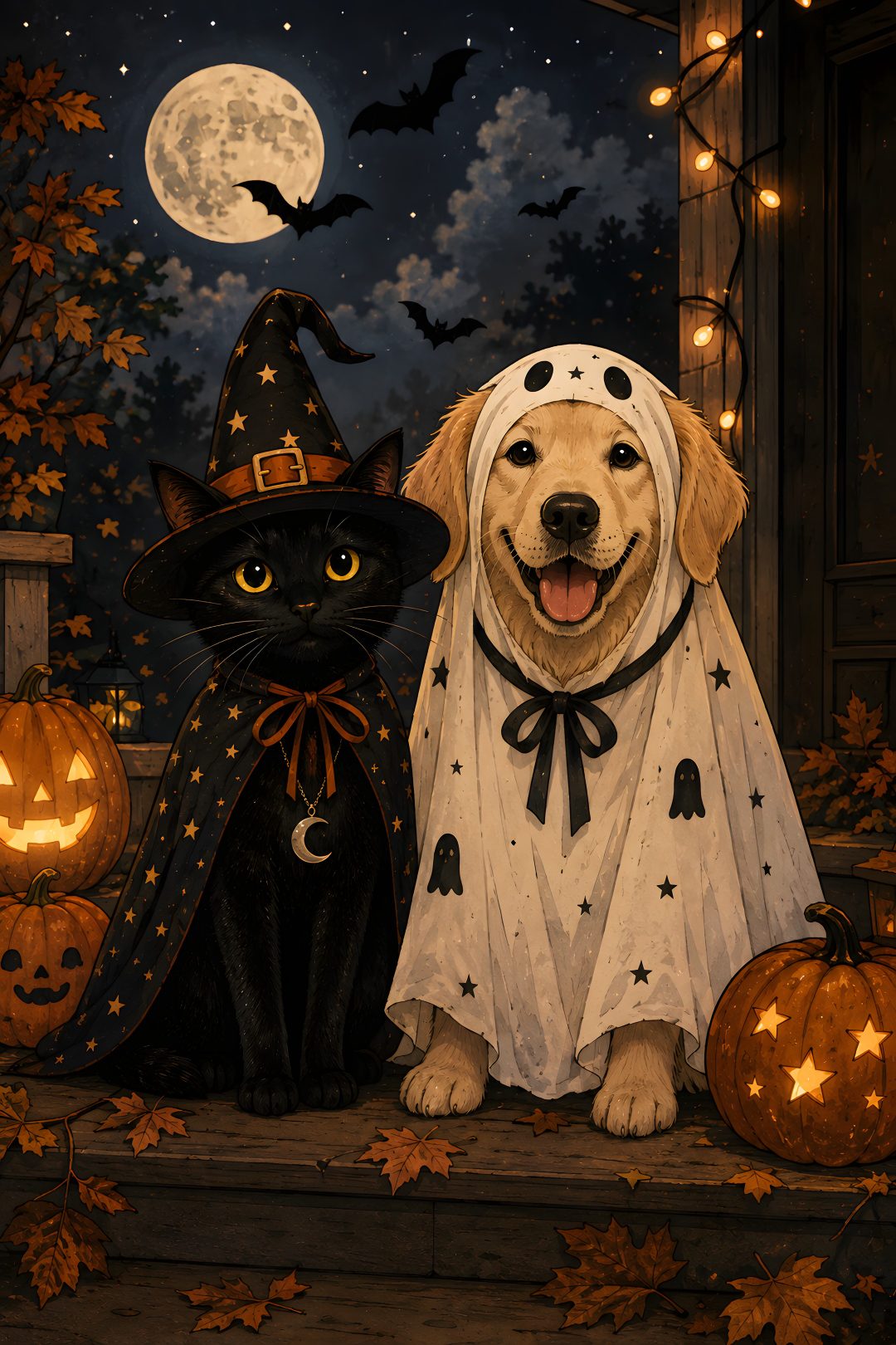 two dogs and a cat dressed up for halloween Cute Dog And Cat Halloween black