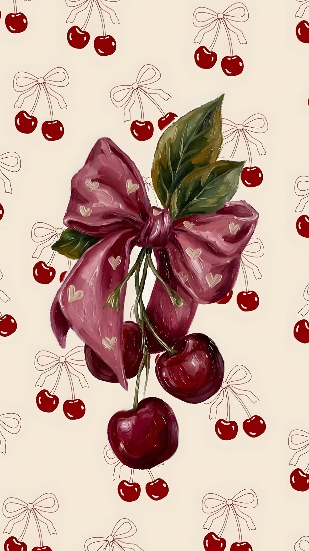 a painting of cherries on a white background with red bows and bowknots Halloween Cherry antique white