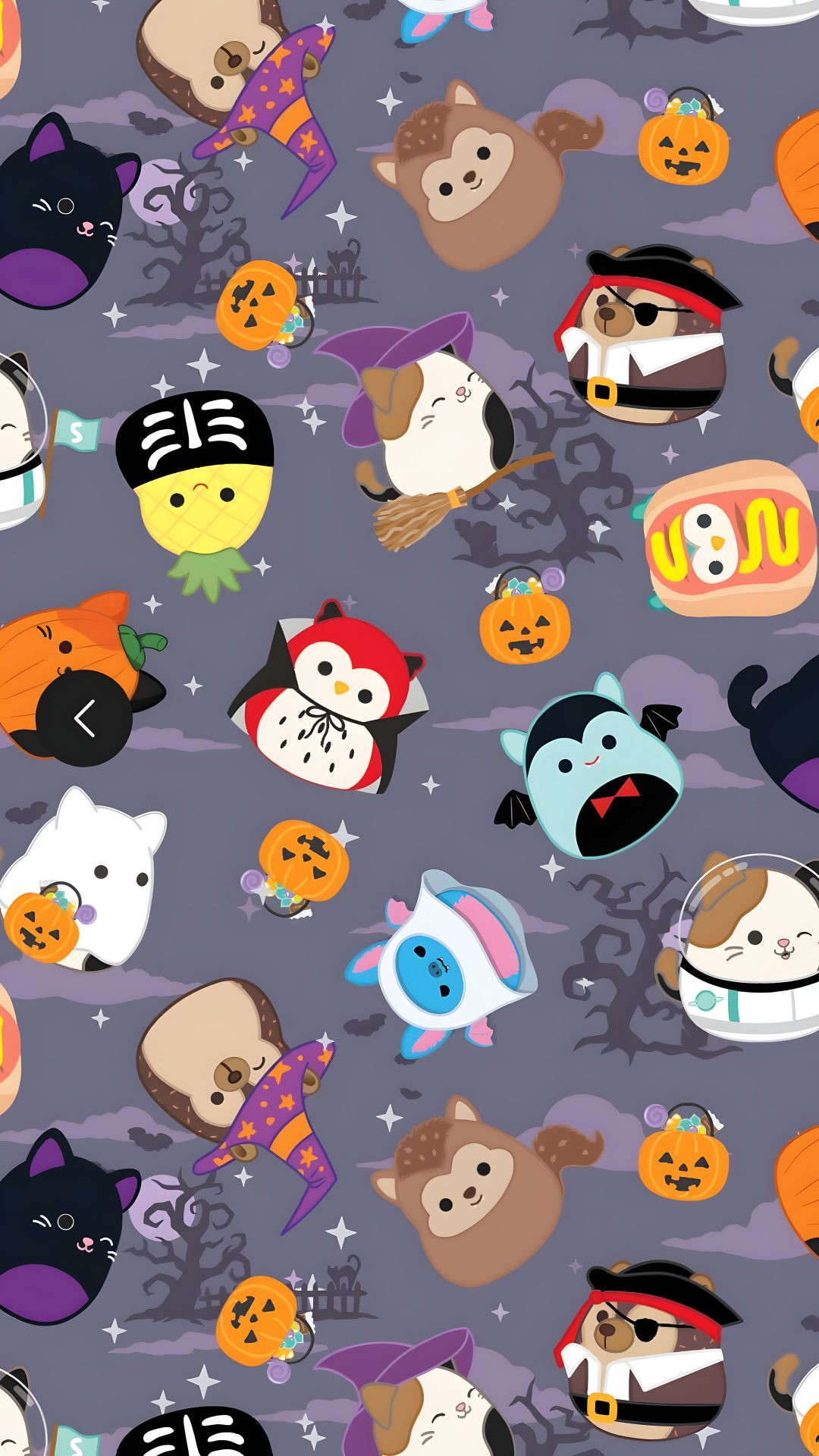 an image of halloween themed wallpaper with cats and pumpkins on the ground in various colors Cute Halloween Squishmallow Squishmallows, dim gray