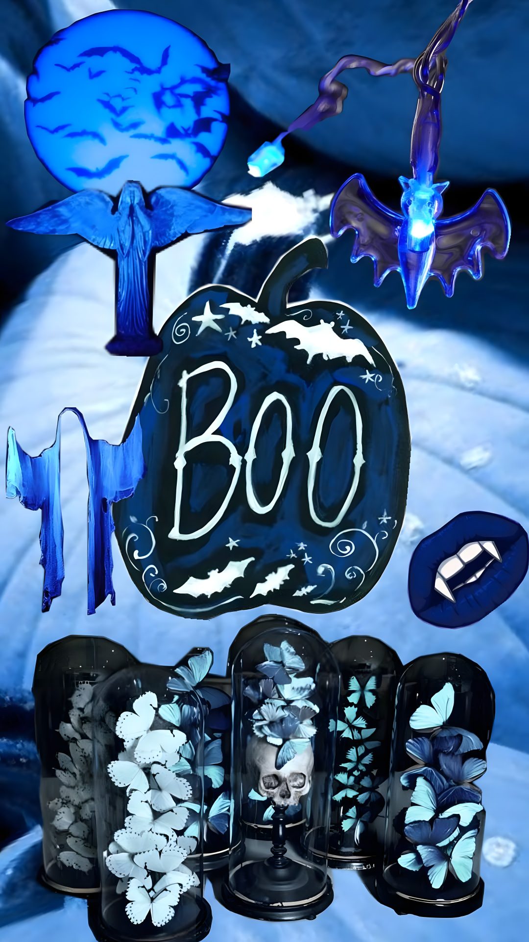 an image of halloween decorations with bats and pumpkins in the background, including boo Blue Cute Halloween dark slate blue