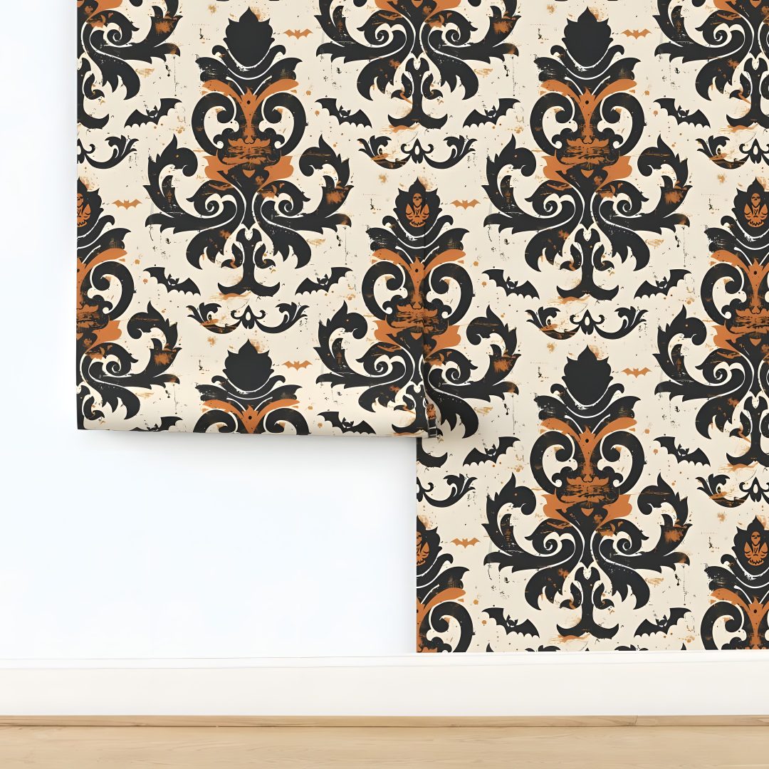 an orange and black pattern is on the wall next to a white frame with wood trim Halloween Trellis Ikat Custom gainsboro