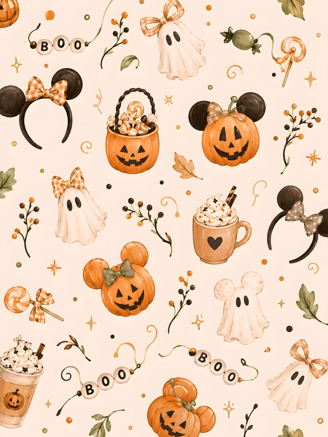 the mickey mouse halloween wallpaper has pumpkins, ghost and other decorations on it Disney Halloween antique white