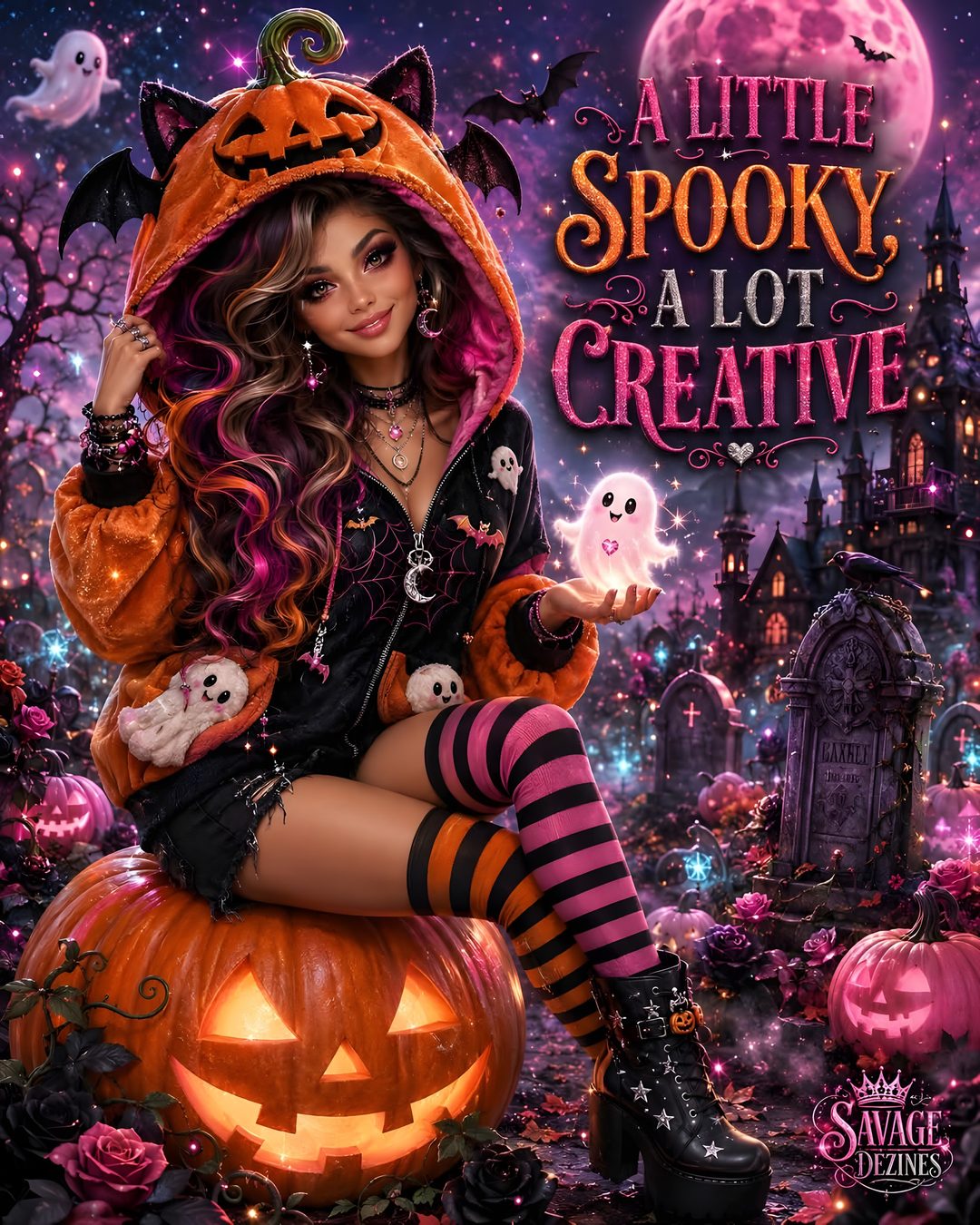 a woman sitting on top of a pumpkin in front of a graveyard with lots of halloween decorations Halloween Baddie dark slate gray