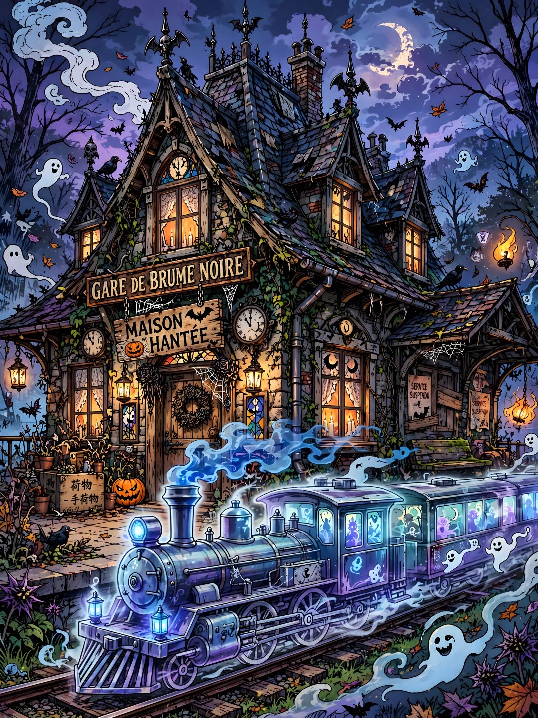 a painting of a train station with halloween decorations on the front and side, along with pumpkins Halloween Train dark slate gray