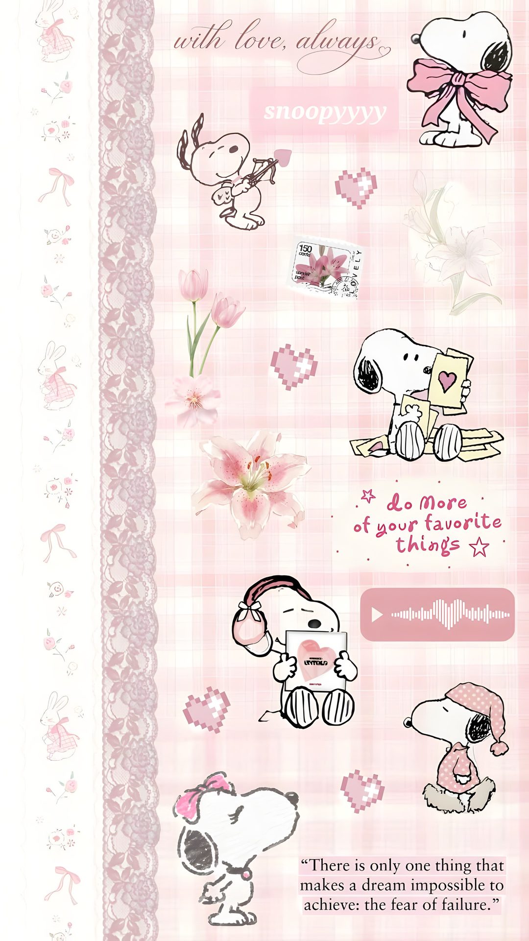 a pink and white checkered background with snoopy stickers on the bottom corner Pink Snoopy Halloween linen