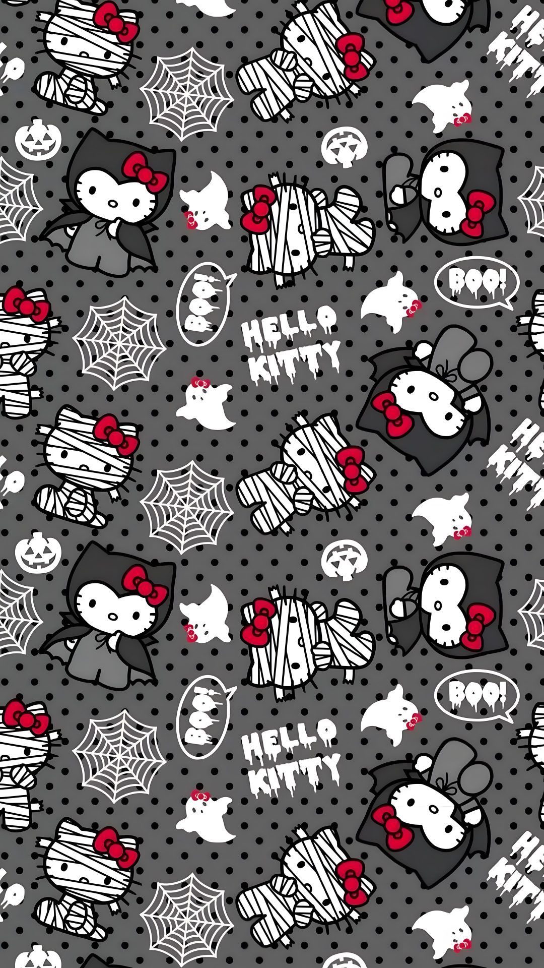 a black and white halloween pattern with skulls, spider webs, and ghost faces Spooky Halloween Hello Kitty dim gray