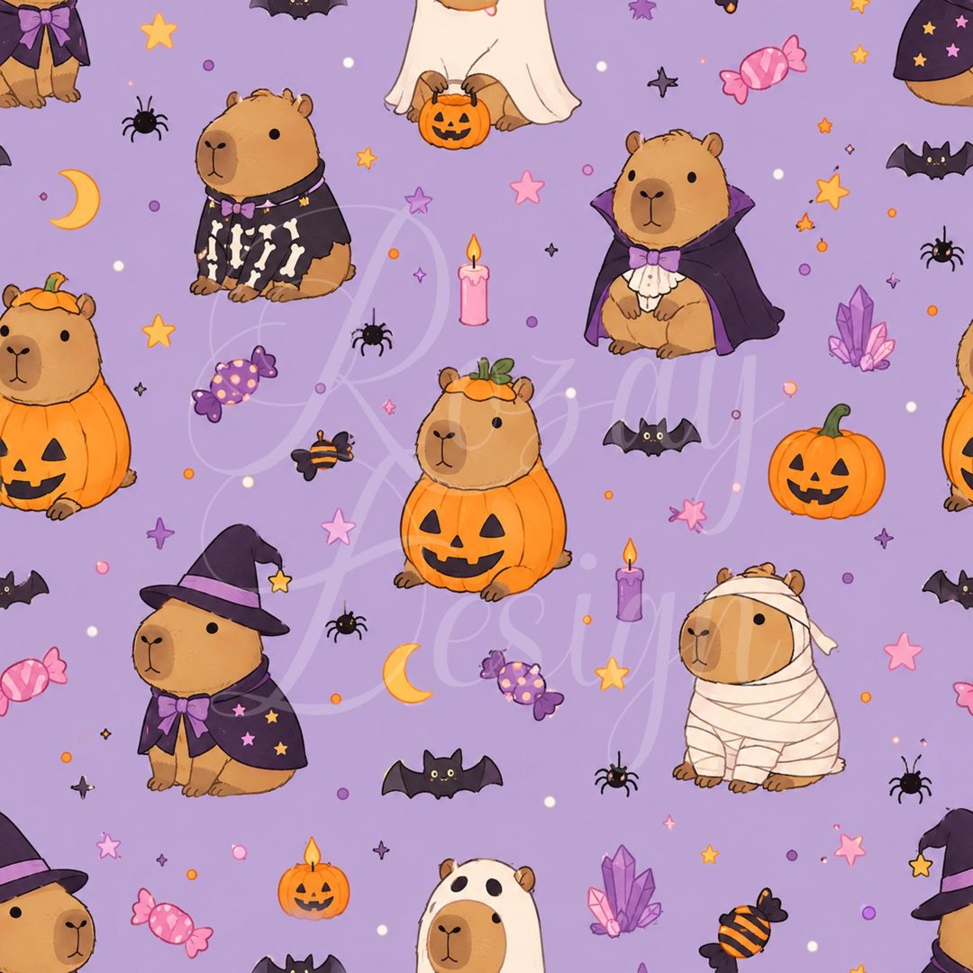 the bears are dressed up for halloween with pumpkins and bats on purple background, while one bear is wearing a witch costume Capybara Halloween silver