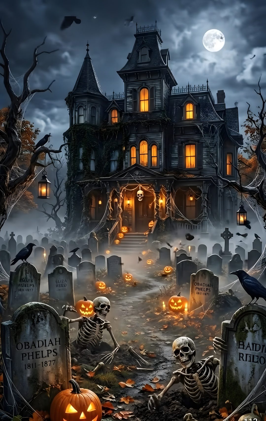 a halloween scene with skeletons and pumpkins in front of a creepy house at night Halloween Halloween Haunted House dark slate gray