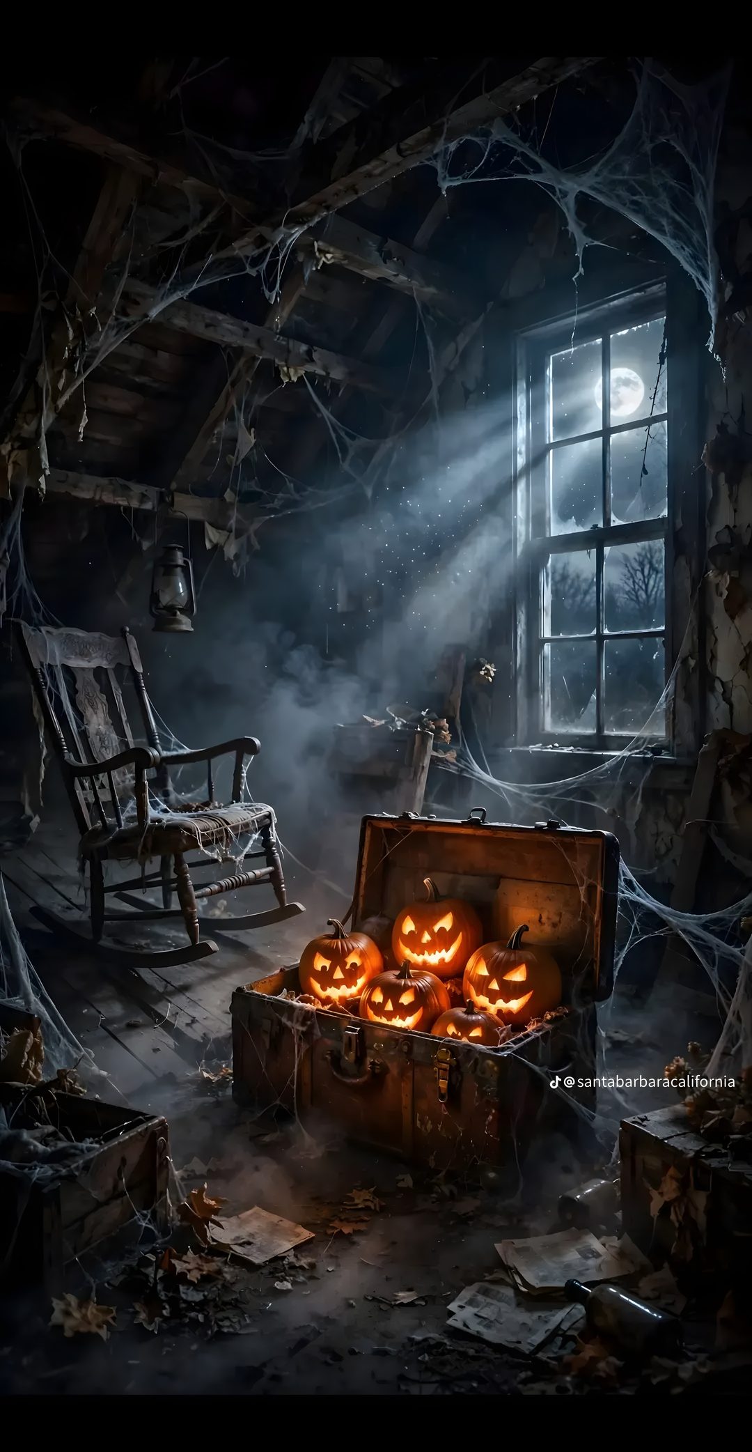 an open trunk filled with pumpkins sitting on top of a floor next to a chair Old Scary Horror Halloween black