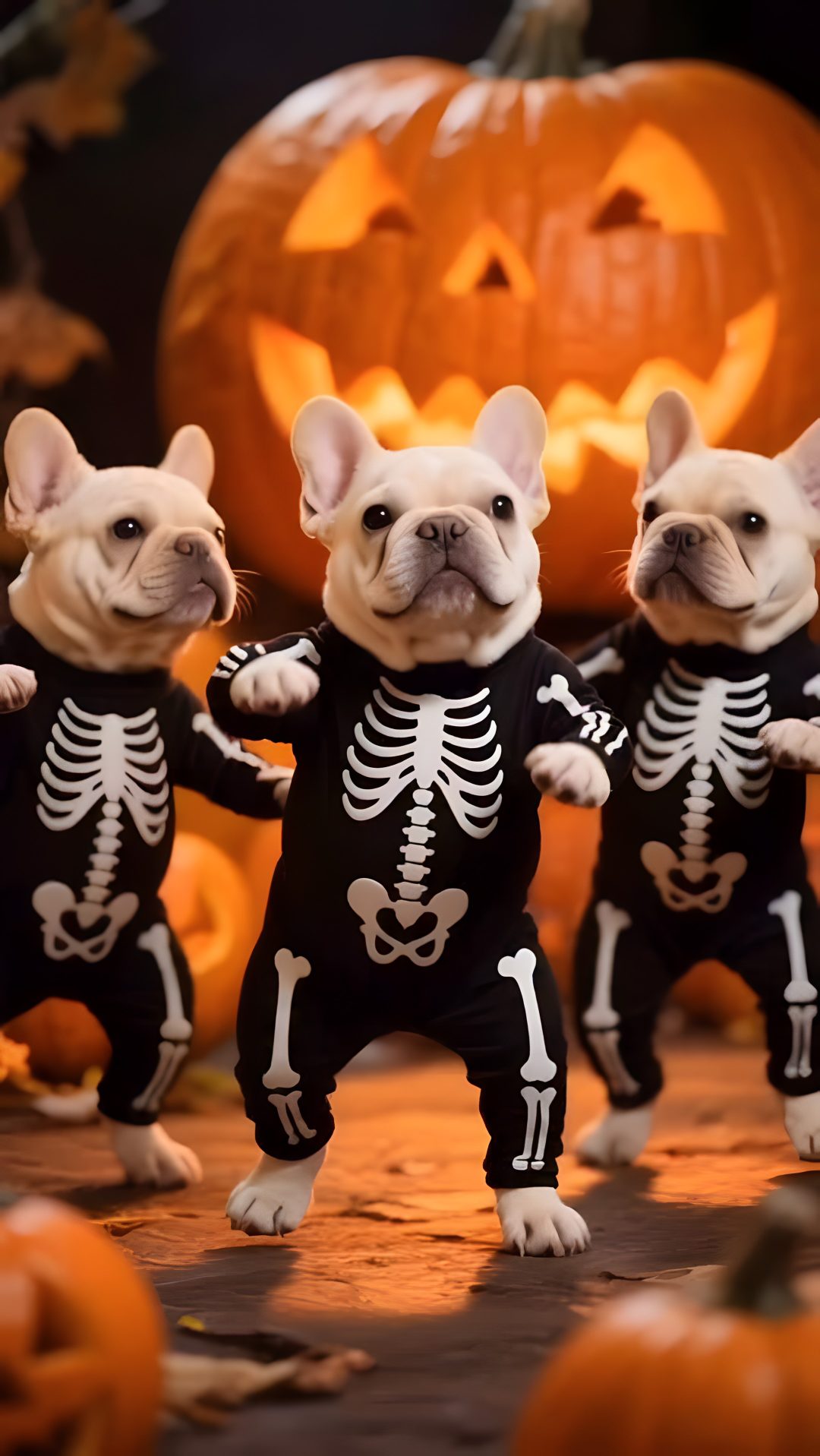 three french bulldogs dressed up in skeleton costumes, standing next to pumpkins and jack - o'- lanterns Halloween French Bulldog Halloween, saddle brown