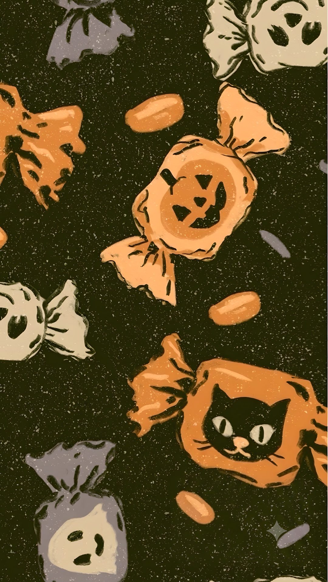 a black background with orange and white cat heads on it's head, surrounded by pumpkins Baggu Halloween black
