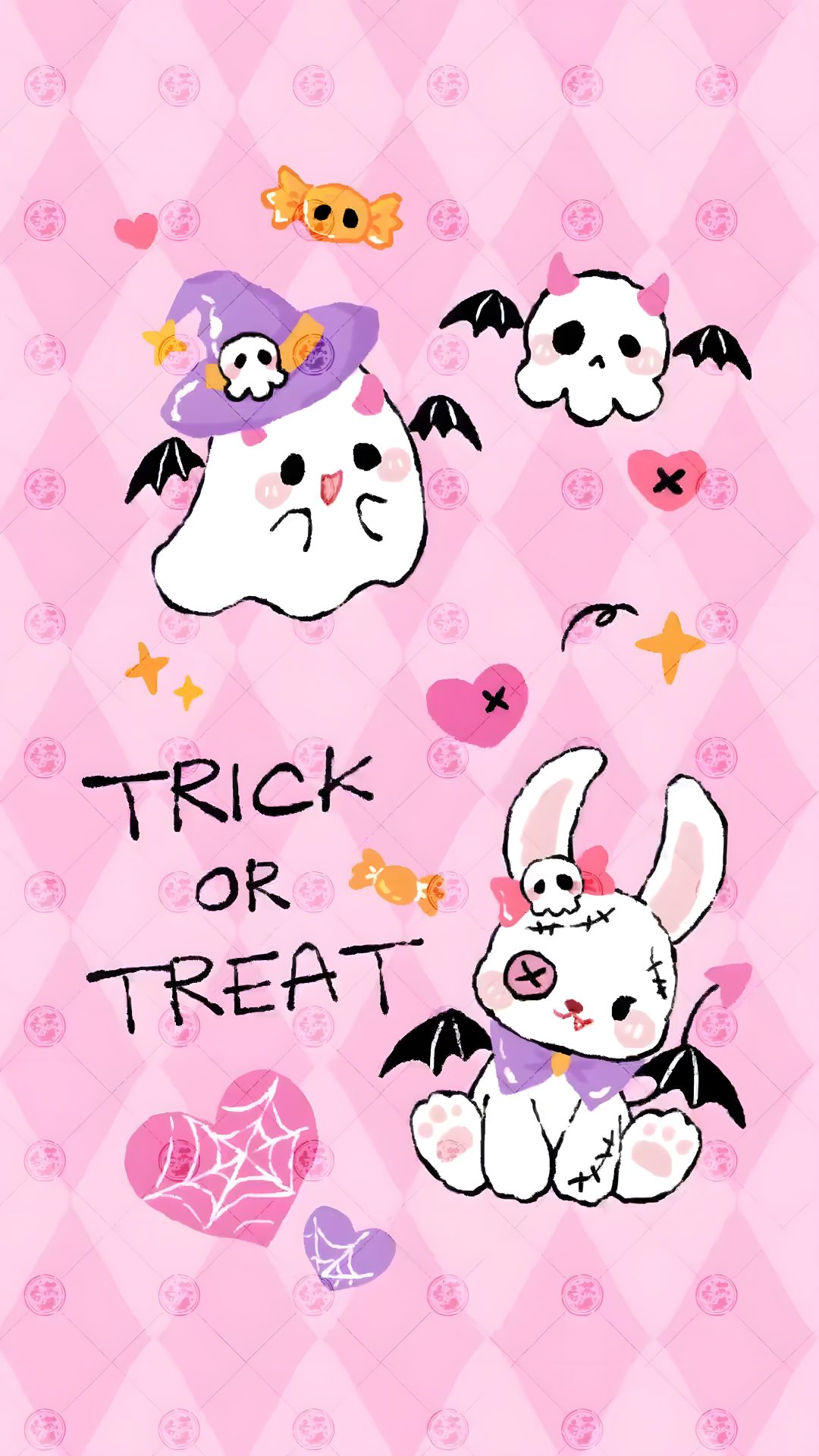 a pink background with skulls, bats and hearts on the bottom right corner is an image of a white rabbit wearing a purple hat that says trick or treat Cute Bunny Halloween Cute Halloween, Witch, Halloween, misty rose