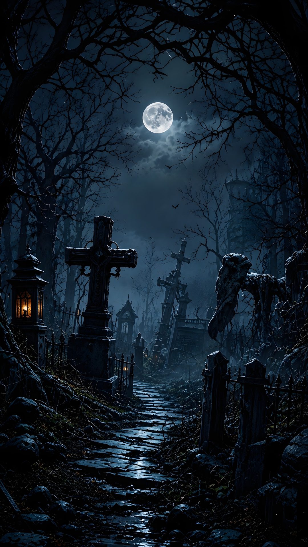a creepy cemetery at night with the moon in the sky Halloween Graveyard black