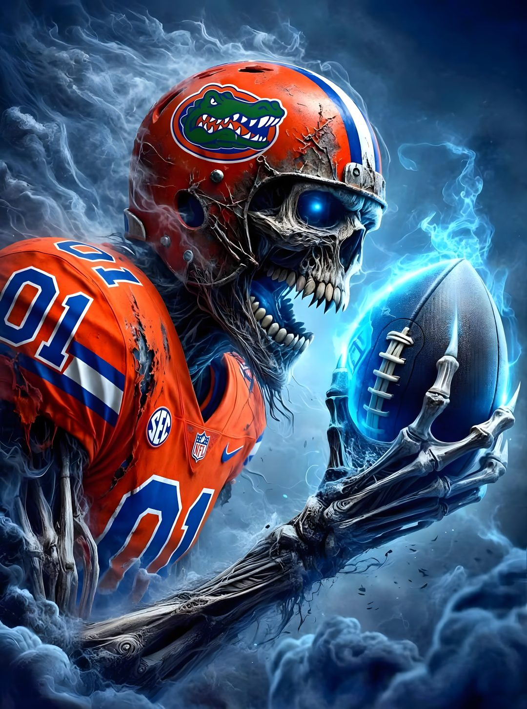 a football player in an orange uniform holding a blue ball with the word florida on it Cool Halloween Football dark slate gray