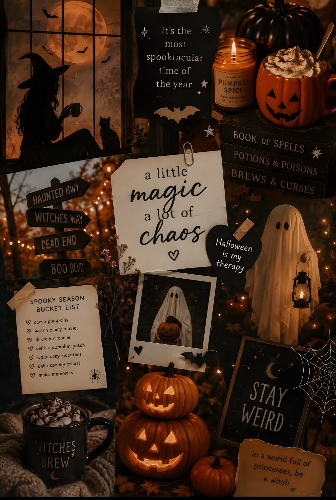 halloween decorations and cards are displayed in front of a window with candles, pumpkins and other items Halloween Collages black