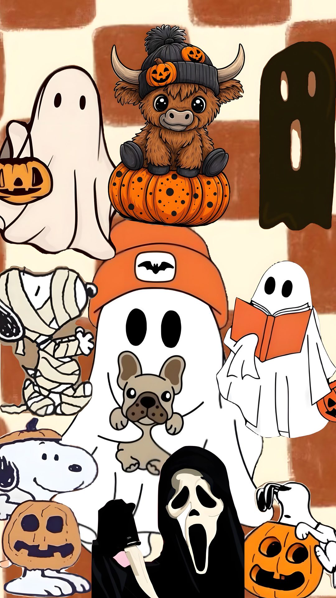 a group of cartoon characters sitting on top of each other Cute Cute Snoopy Halloween dark salmon