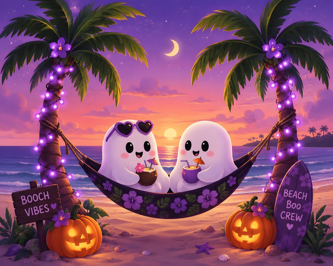 two ghostes are sitting in a hammock on the beach Halloween Tropical dim gray