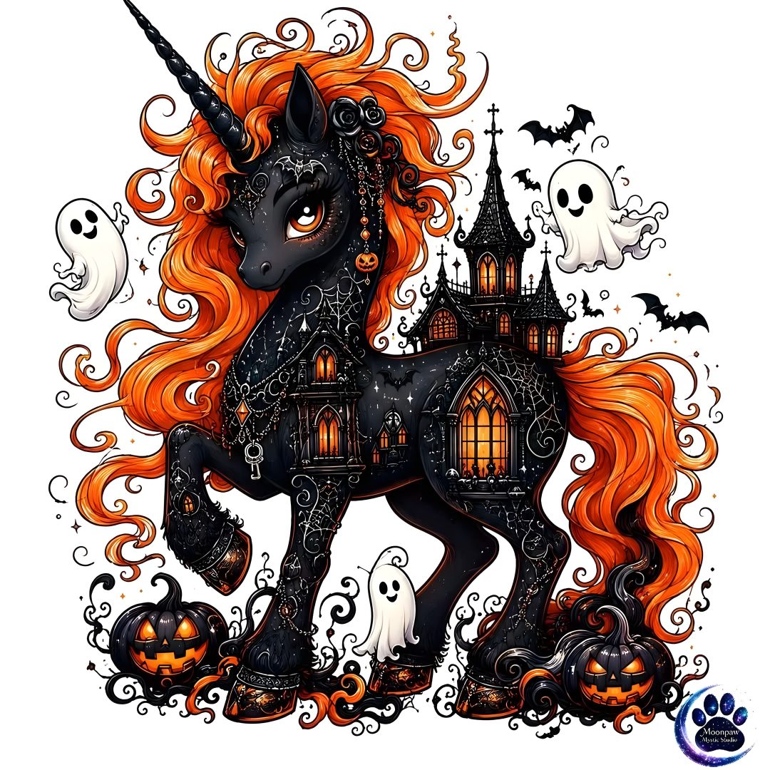 a black unicorn with orange hair standing in front of a castle Halloween Unicorn antique white