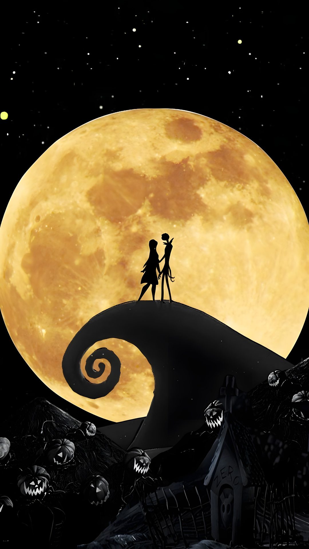 the silhouettes of two people standing on top of a hill in front of a full moon Halloween Tim Burton black
