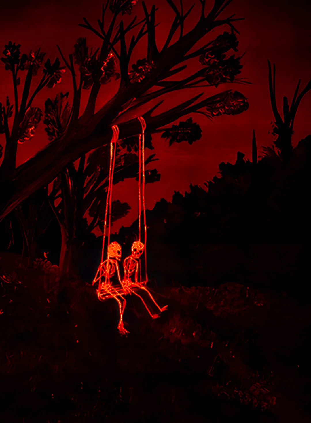 a skeleton sitting on a swing in the dark with red light coming from behind it Red Halloween Aesthetic Red Skeleton, Red Creepy, Utility Pole, Red, black