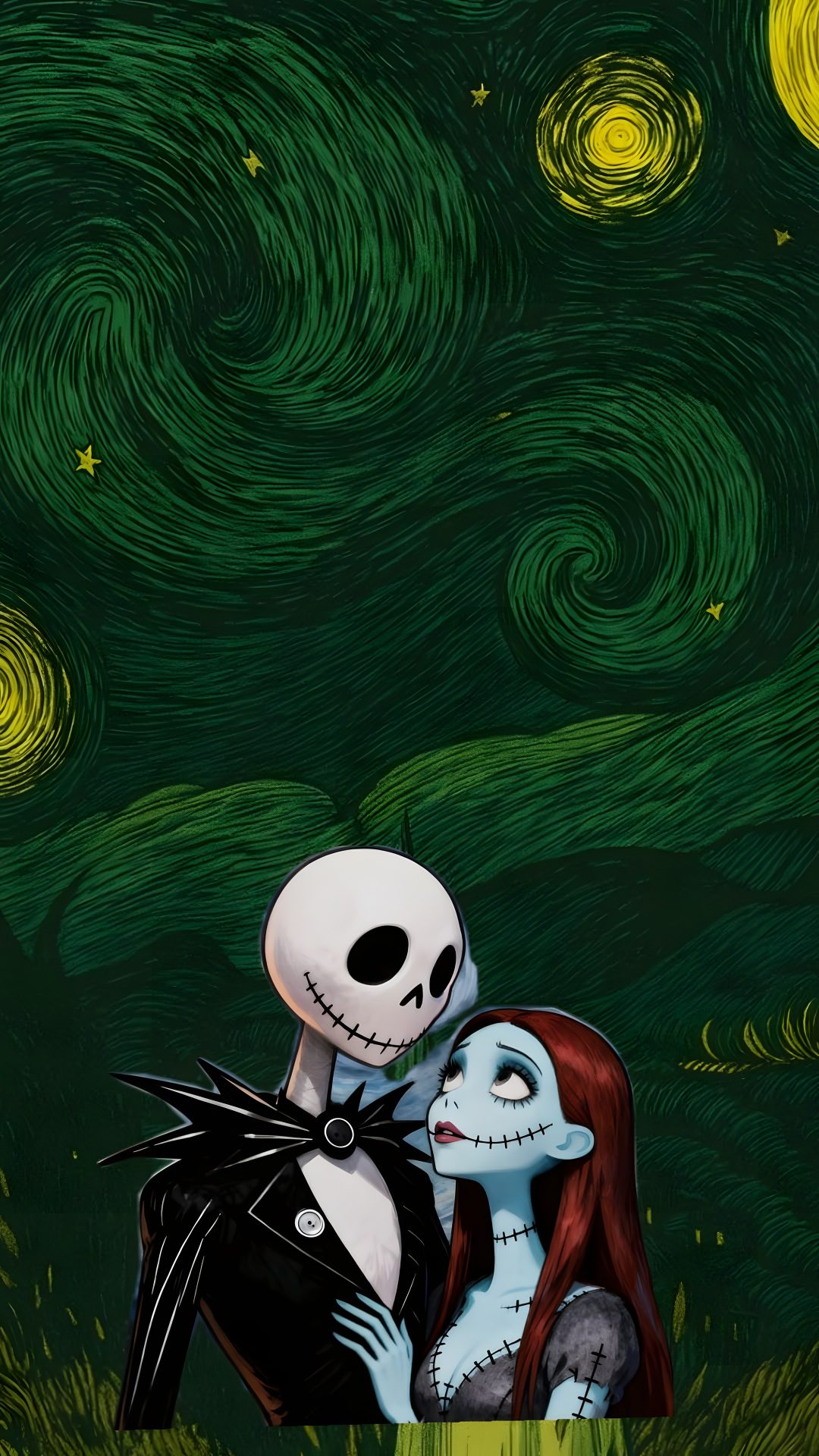 a skeleton hugging a woman in front of a painting Halloween Jack And Sally black