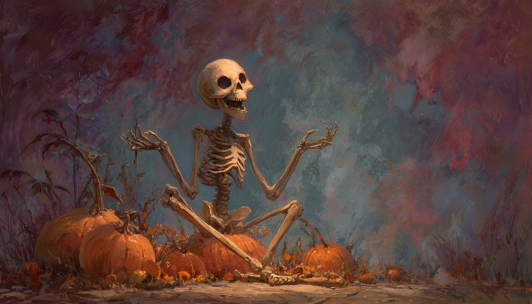a painting of a skeleton sitting on pumpkins Halloween Skeleton Desktop Halloween, Desktop Halloween, Desktop Spooky, dark slate gray