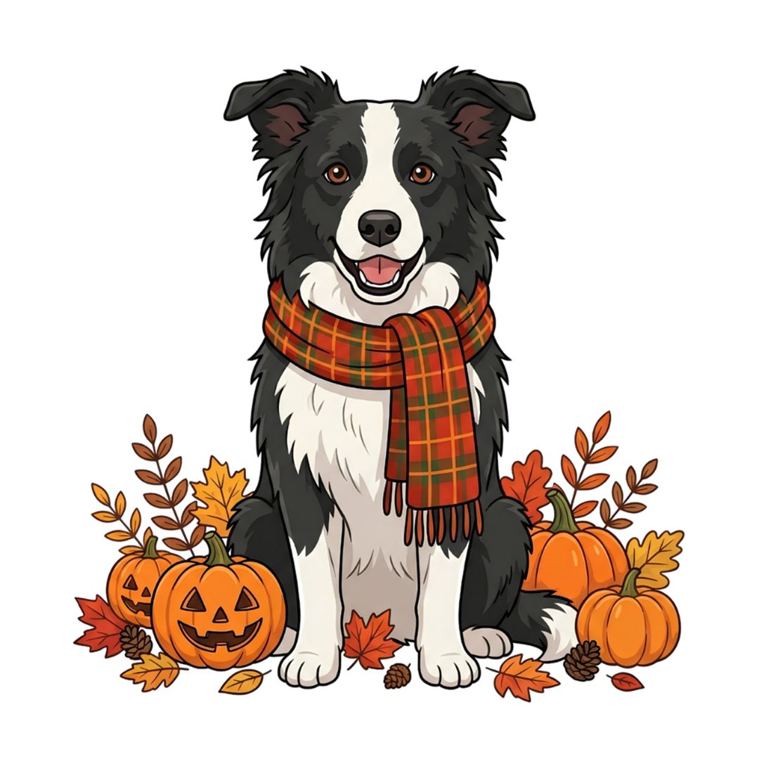 a black and white dog sitting next to pumpkins Halloween Border Collie white