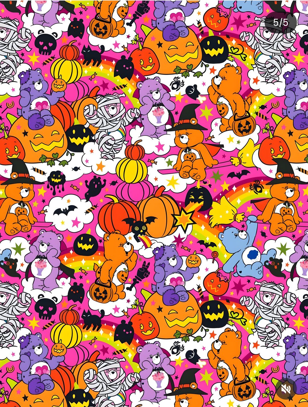 an image of many different cartoon characters on a pink and orange background with stars, clouds, and pumpkins Care Bears Halloween Halloween, Pokemon Halloween Pattern, Care Bear Fall, salmon