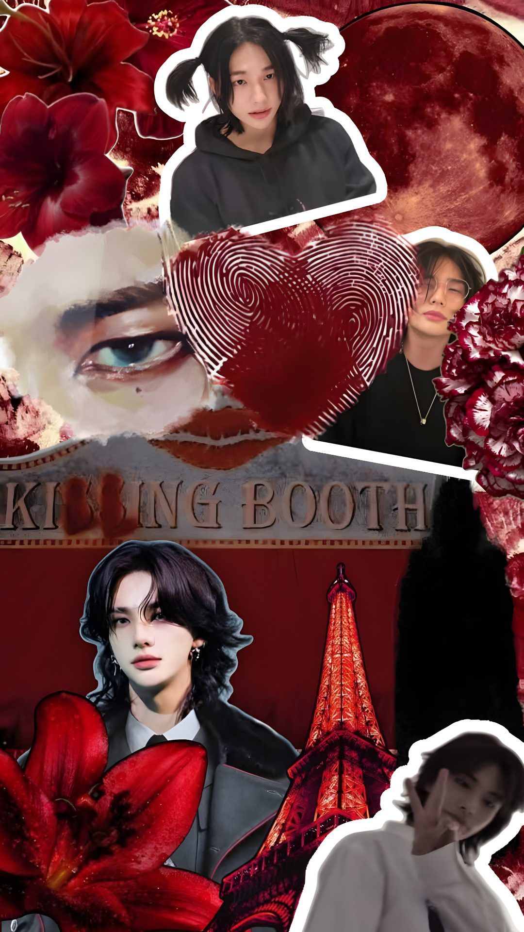 the collage has pictures of people, flowers and hearts on it's side Hyunjin Halloween saddle brown