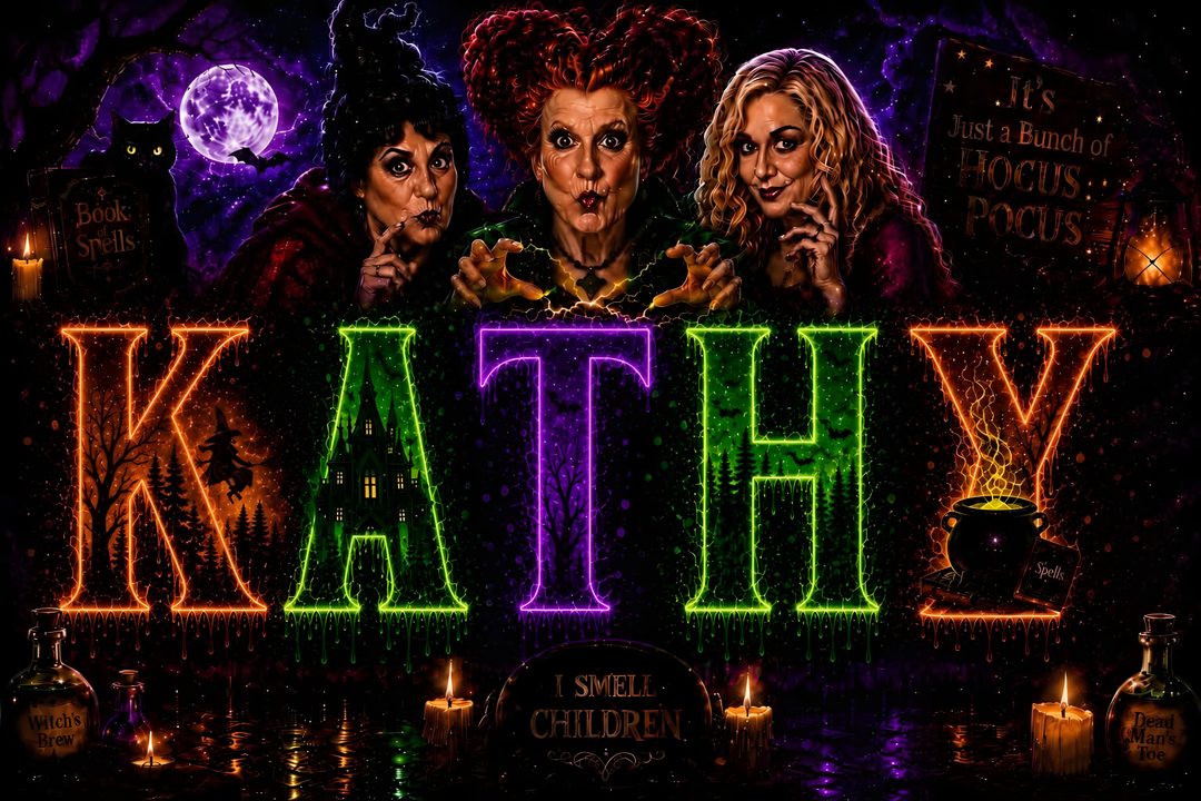 the title for kalthy with three witches in front of them and candles around it Katy Name Name Backgrounds For Halloween black