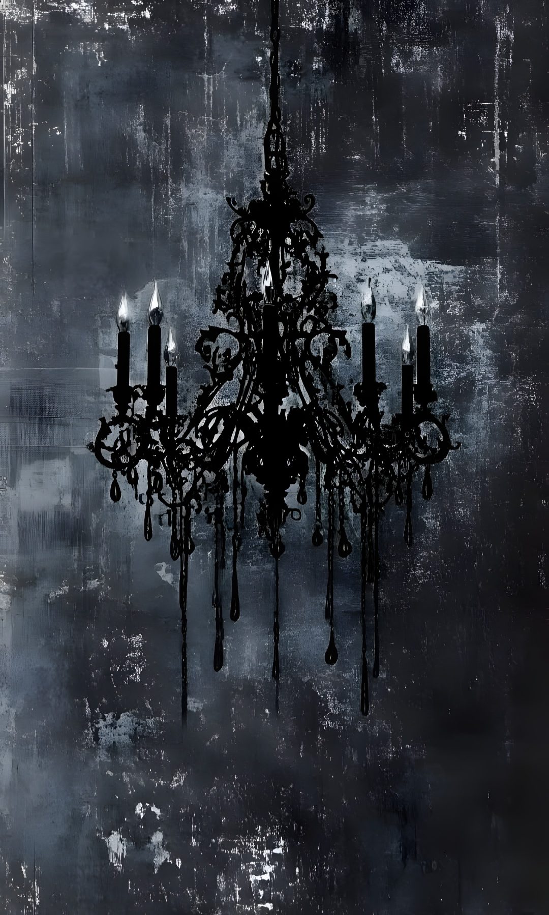 a chandelier hanging from the ceiling in front of a dark wall with dripping paint Halloween Chandelier Chandelier Art, Mural, dark slate gray