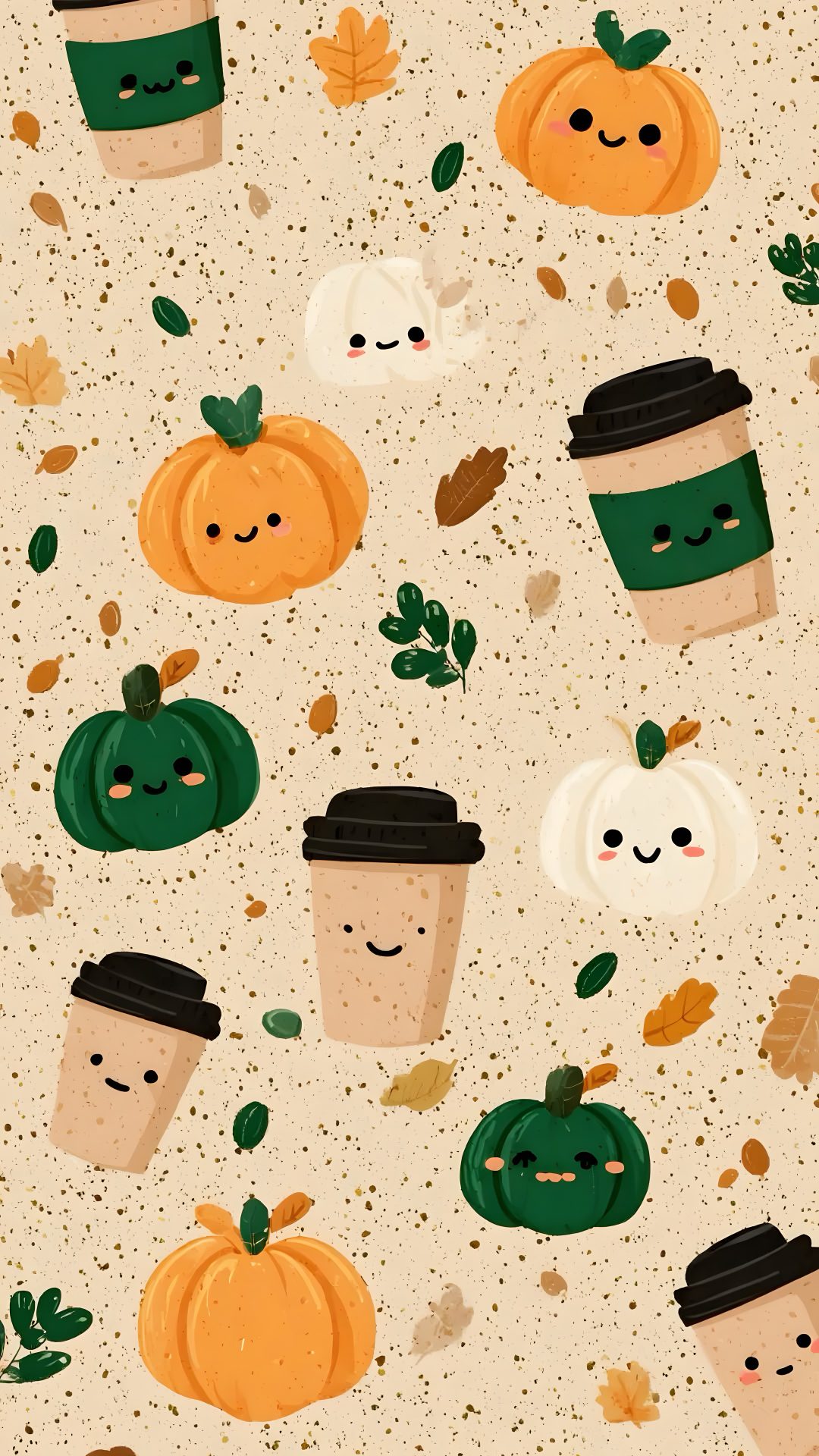 coffee cups with faces and pumpkins are on a beige background that is filled with leaves Cute Fall Backgrounds For Iphone Halloween wheat