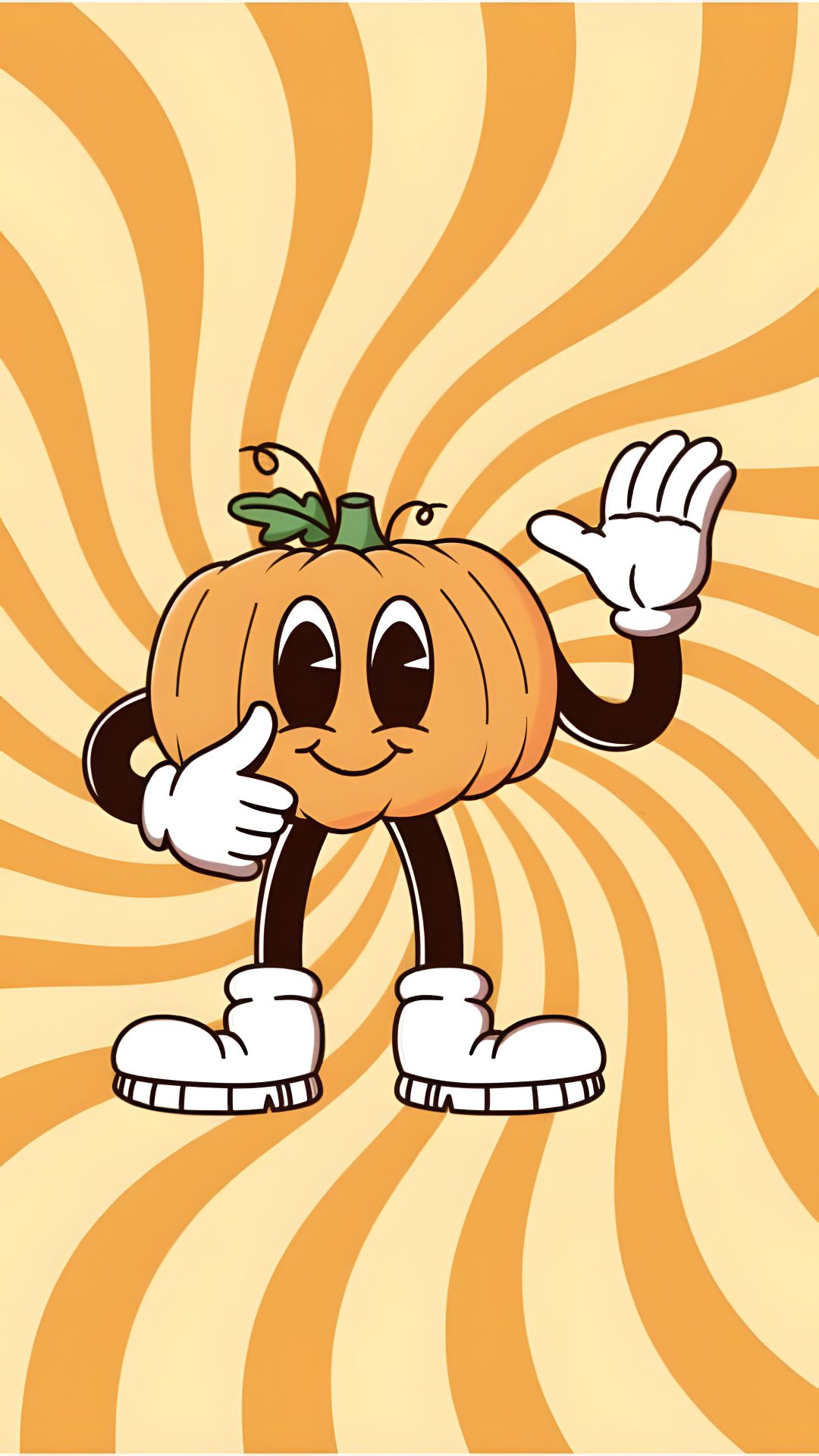 a cartoon pumpkin with arms and legs in front of an orange swirl background, giving the thumbs up sign Silly Halloween navajo white