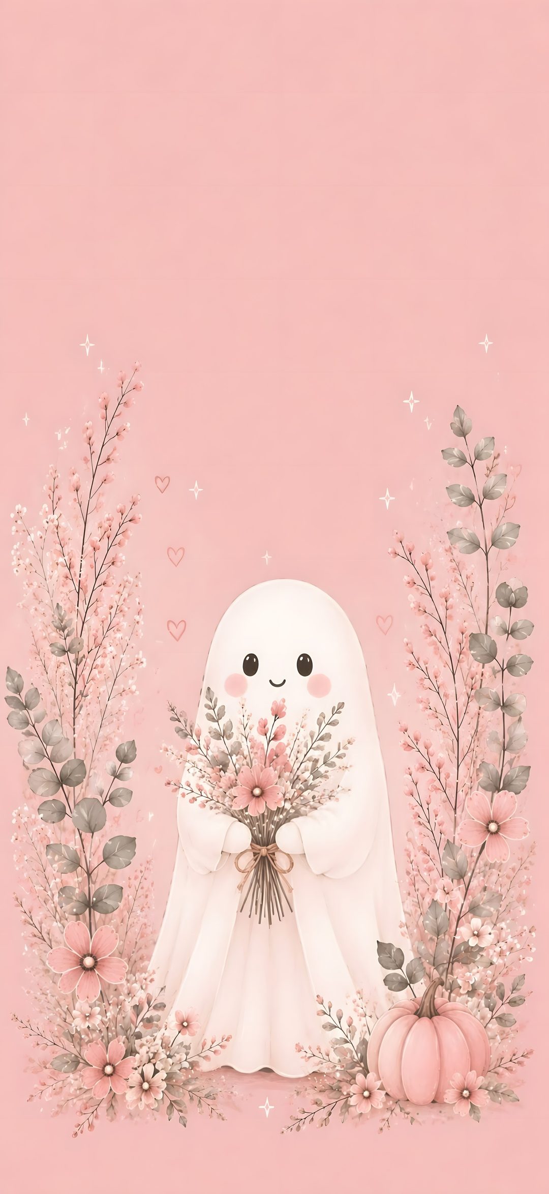 a painting of a ghost with flowers and pumpkins on it's chest, in front of a pink background Cute Pink Halloween Iphone light pink