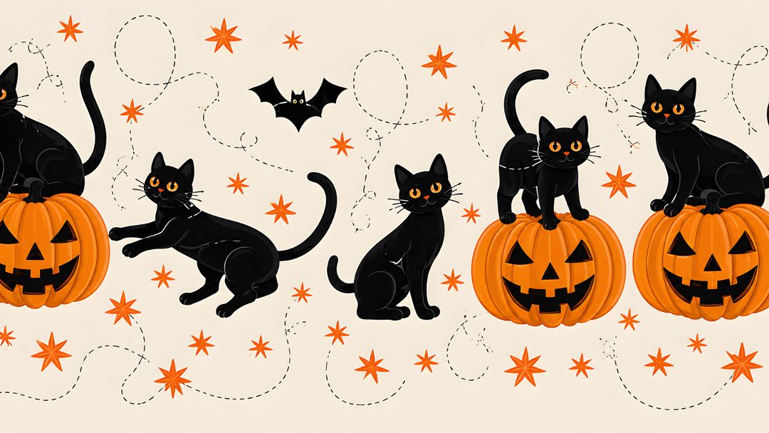 four black cats sitting on pumpkins with bats and stars around them, all looking at the same direction Generic Halloween Cat Desktop antique white