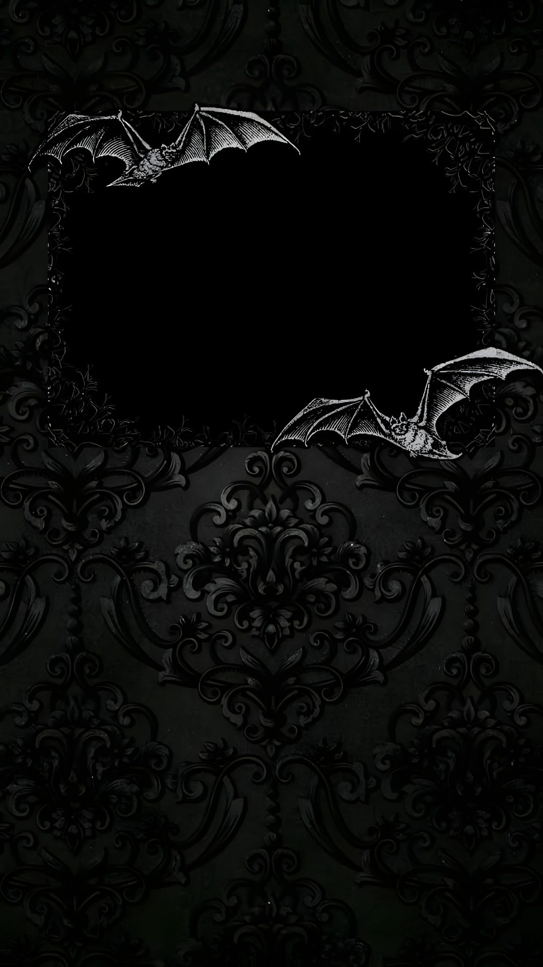 a black and white photo frame with two bats on the wall in front of it Gothic Halloween Bats black