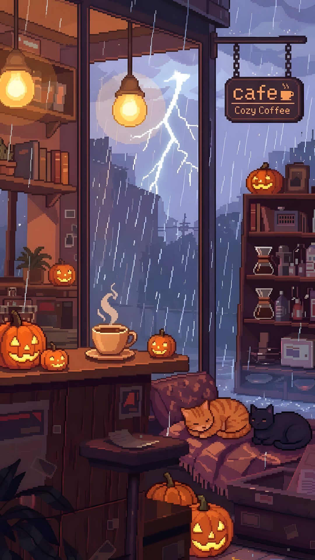 a living room filled with furniture and lots of halloween pumpkins on the windowsill Aesthetic Halloween Lofi dark slate gray