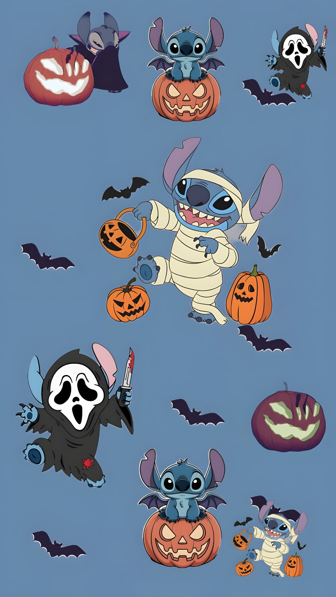 cartoon characters with pumpkins and bats on a blue background Stitch Halloween Costume Stitch Halloween Costume, Halloween, cadet blue