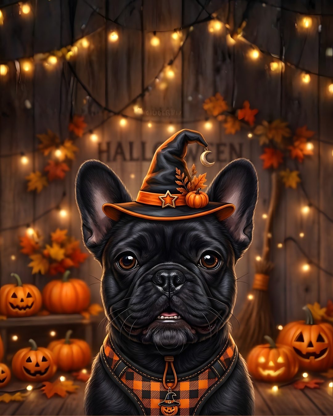 a black dog wearing a witches hat with pumpkins around it and lights in the background Halloween French Bulldog dark slate gray
