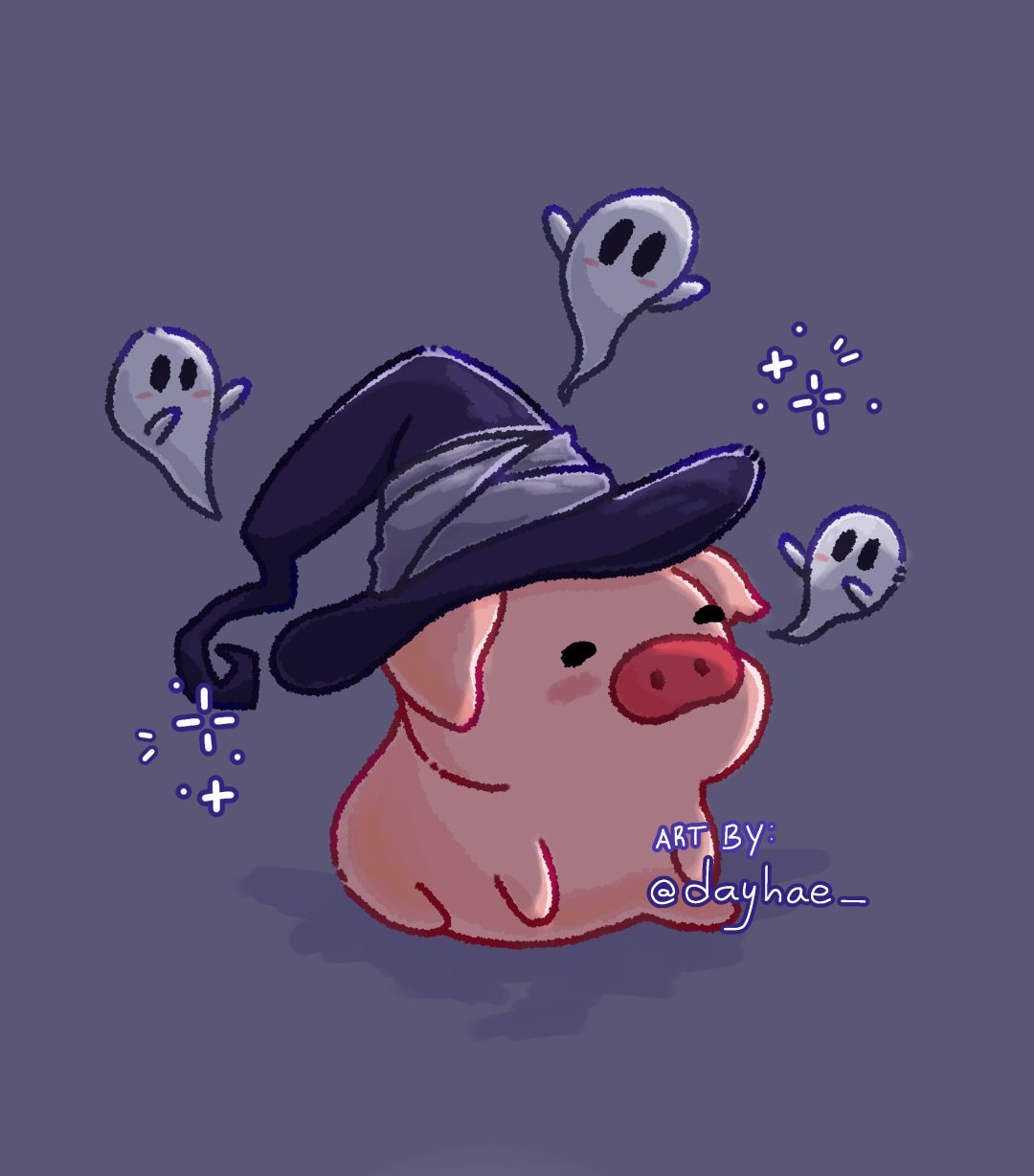 a pig wearing a witches hat with skulls around it Halloween Pig Bat Pig Meme, Cauldron Meme, Pig Art, dim gray
