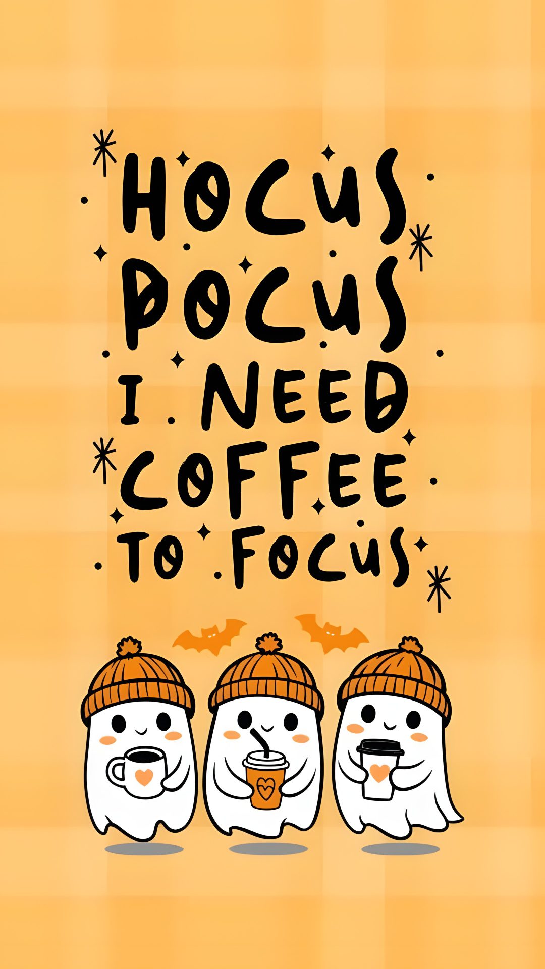 three snowmen wearing hats and holding coffee mugs with the words hoccus pocus i need coffee to focus Cute Halloween Coffee sandy brown