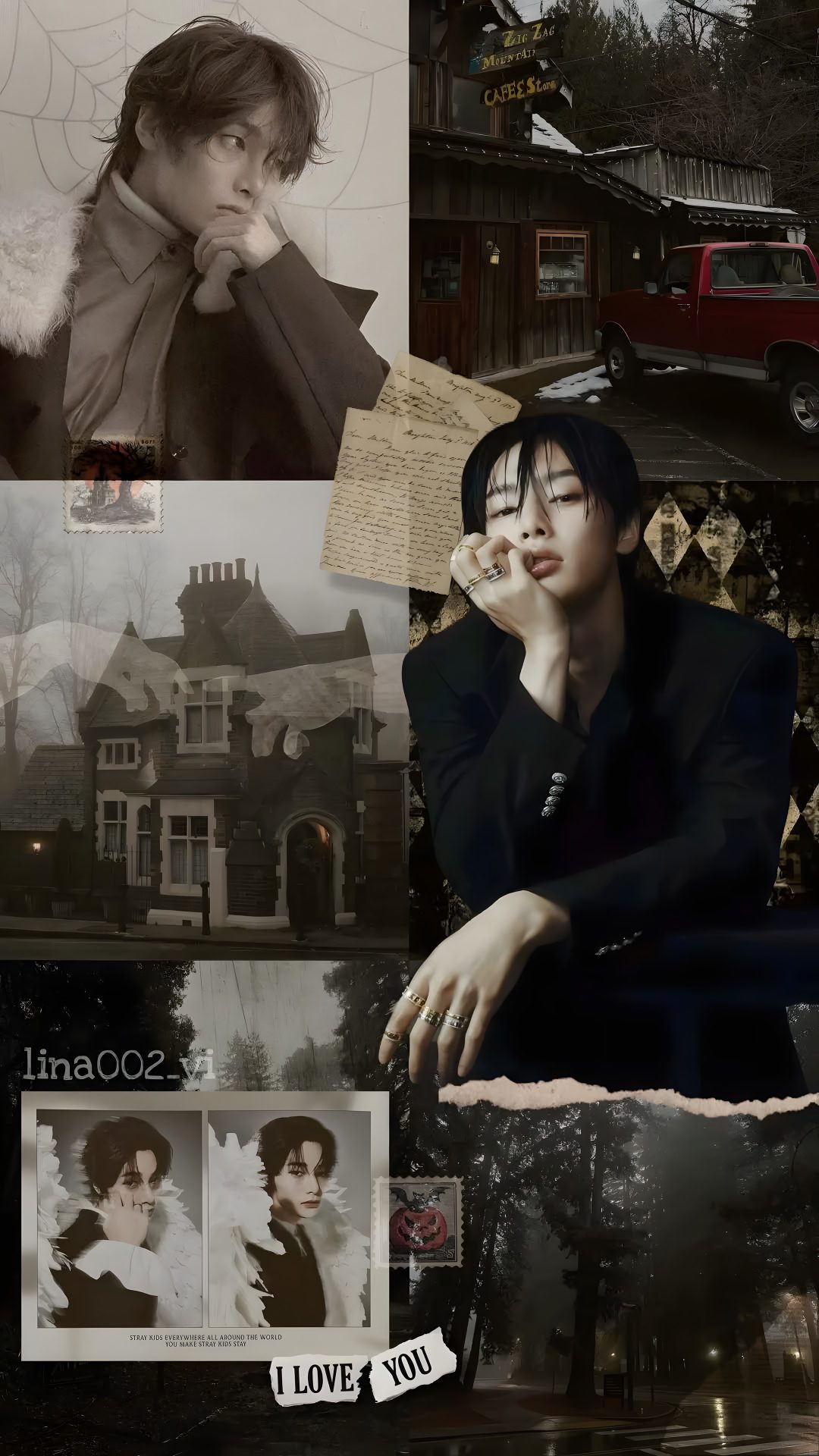 a collage of photos with people and houses in the background, including a woman sitting on a bench Skz Halloween dark slate gray