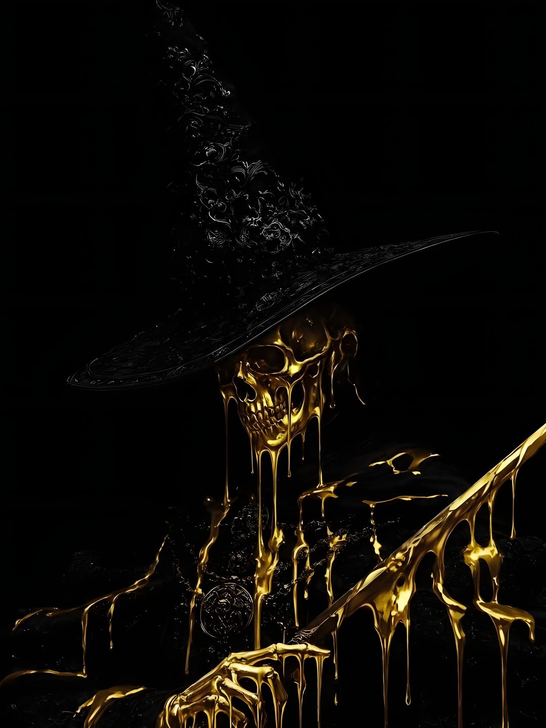 a black and yellow photo with dripping liquid Black And Gold Halloween black
