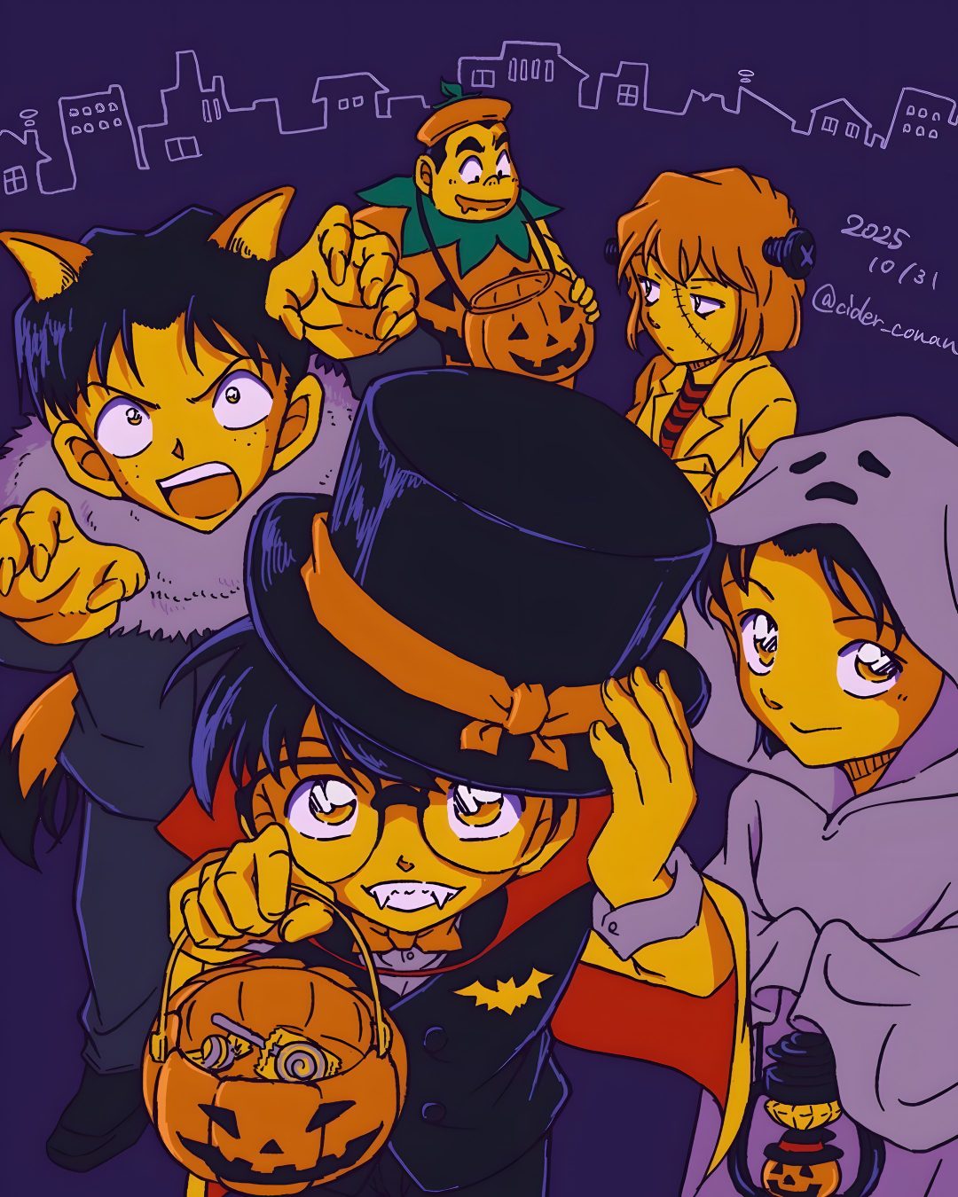 a group of people dressed up in halloween costumes Detective Conan Halloween Detective Conan, Cider, Detective, dark slate gray