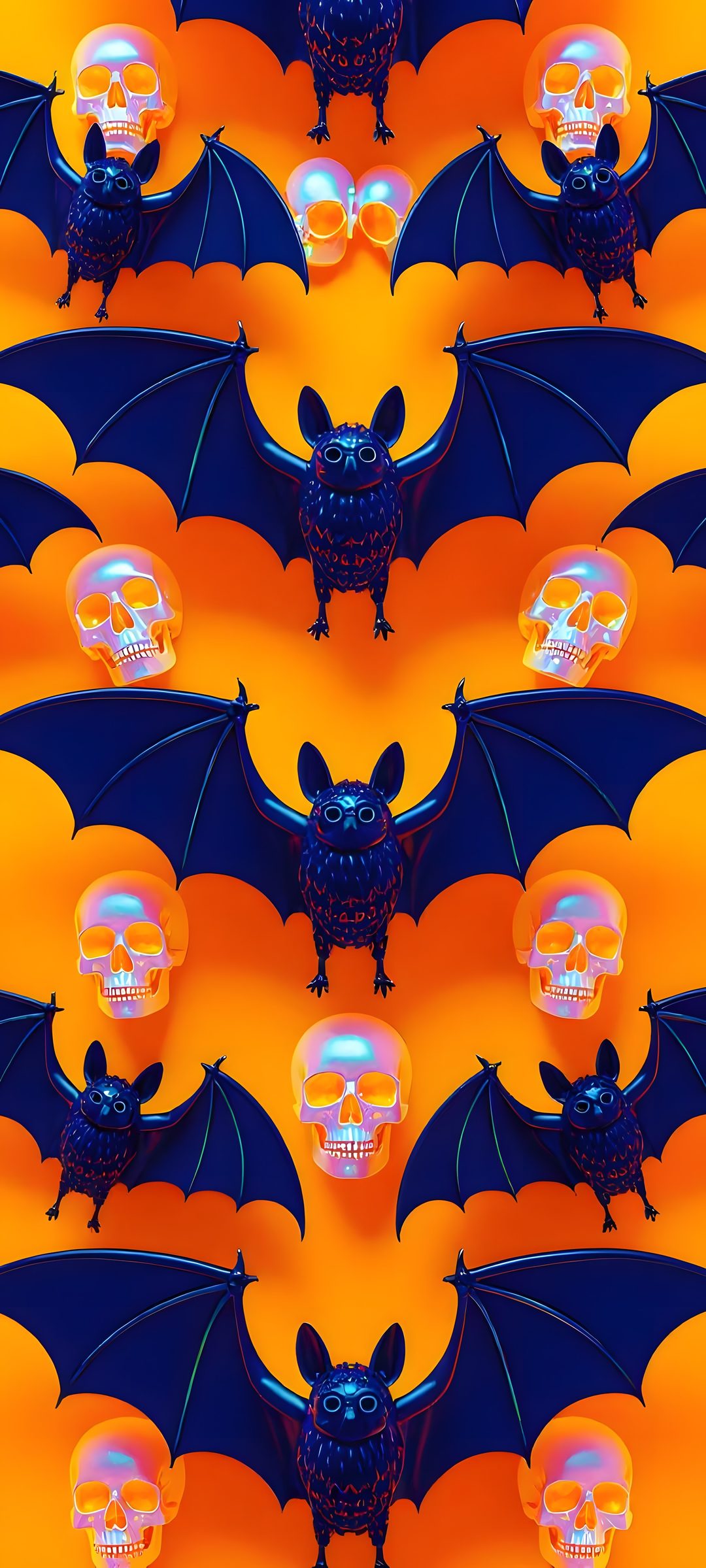 a group of skulls with bats on them in front of an orange and blue background Halloween Skull And Bat chocolate