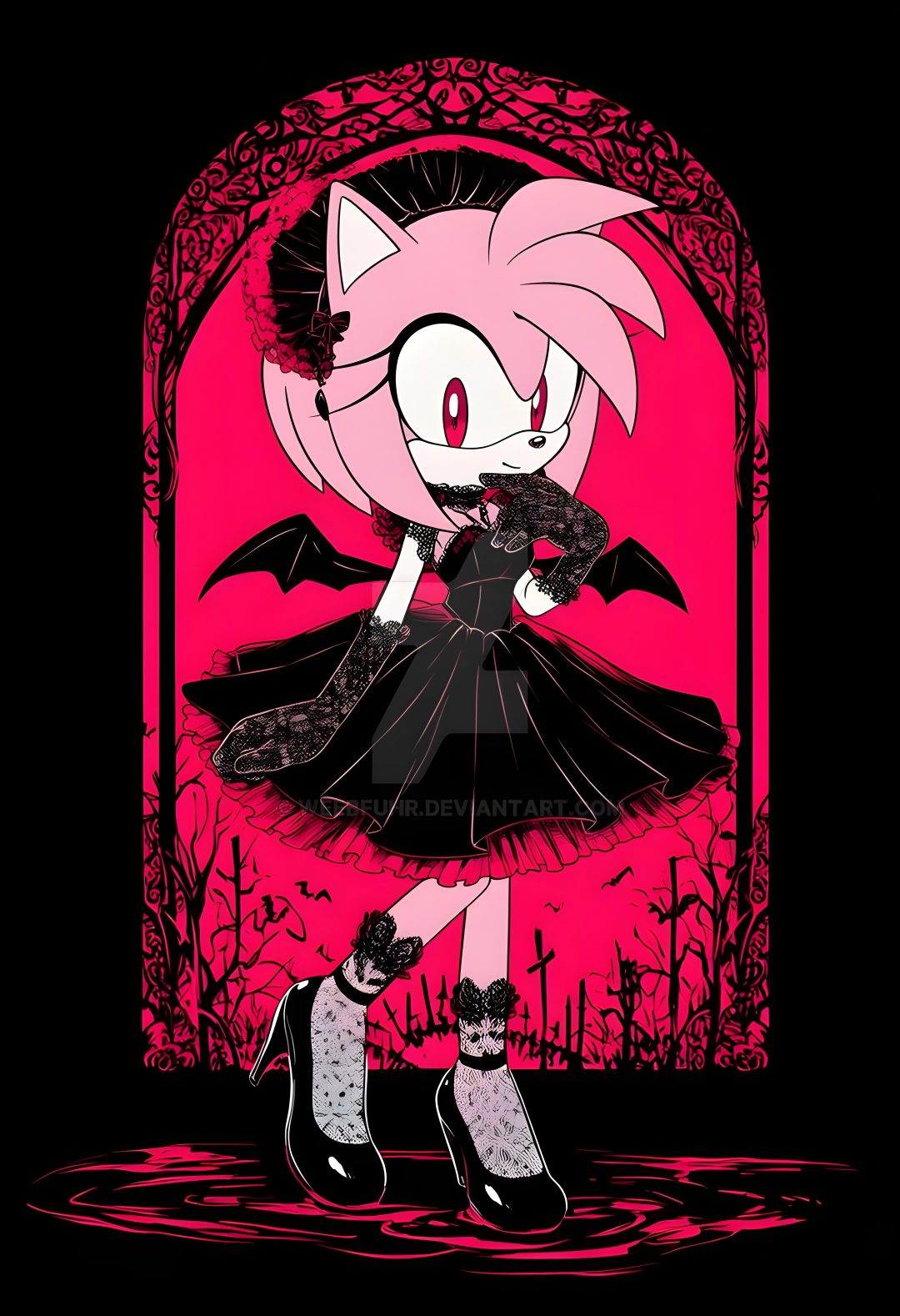 a drawing of a girl with pink hair and black dress, holding a cat in her hand Amy Rose Halloween Amy Rose Demon, Dark Amy Rose, Amy Rose The Bat, Demon Amy, Amy Rose, black