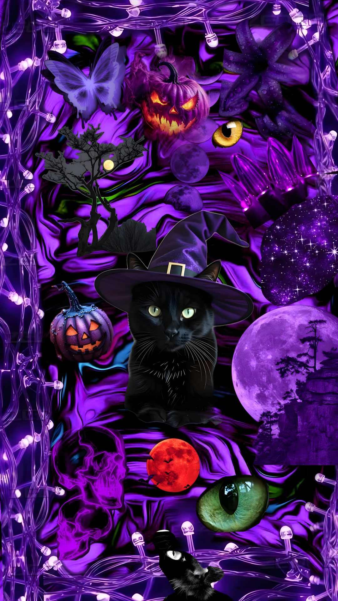 a black cat wearing a witches hat surrounded by halloween decorations and pumpkins with glowing eyes Halloween Purple Cats Custom midnight blue