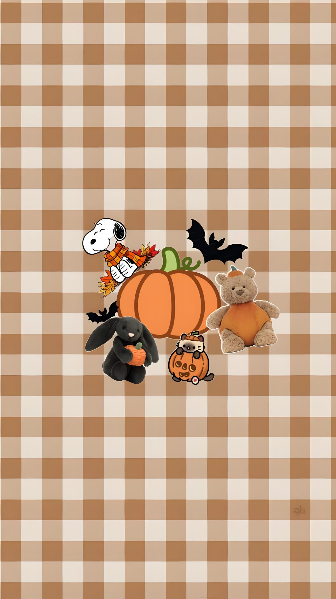 an orange and white checkered table cloth with various halloween items on it's surface Background Snoopy Halloween tan