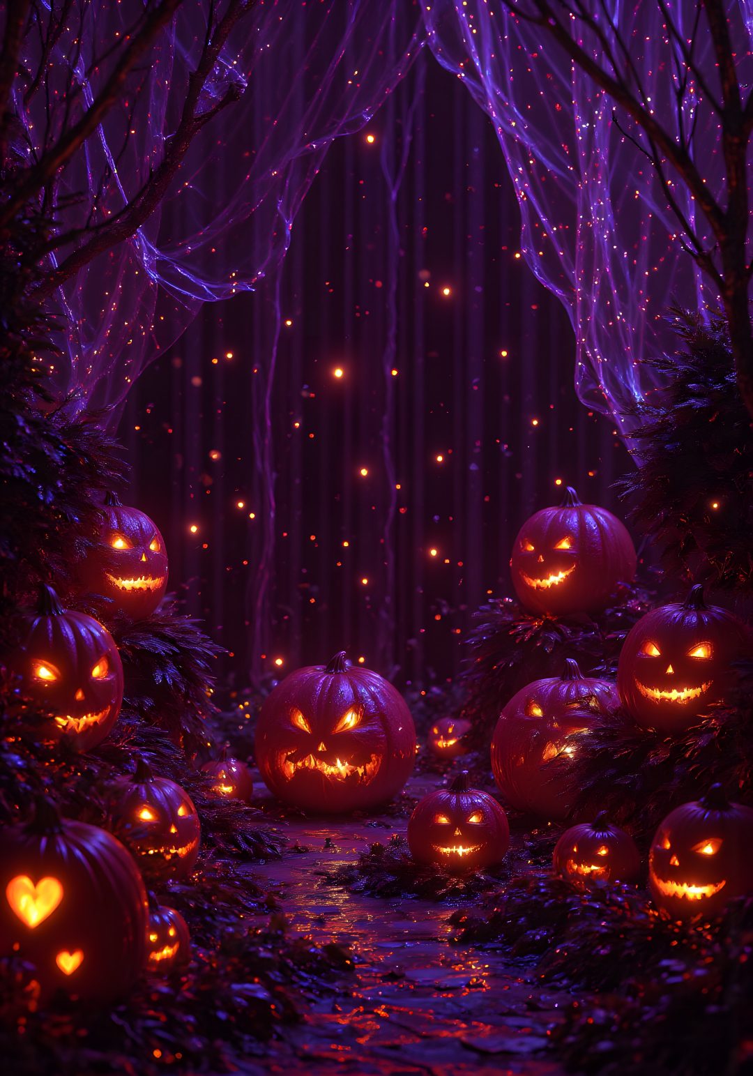 halloween pumpkins lit up in the dark with lights on them and trees around them Halloween Party Backgrounds black